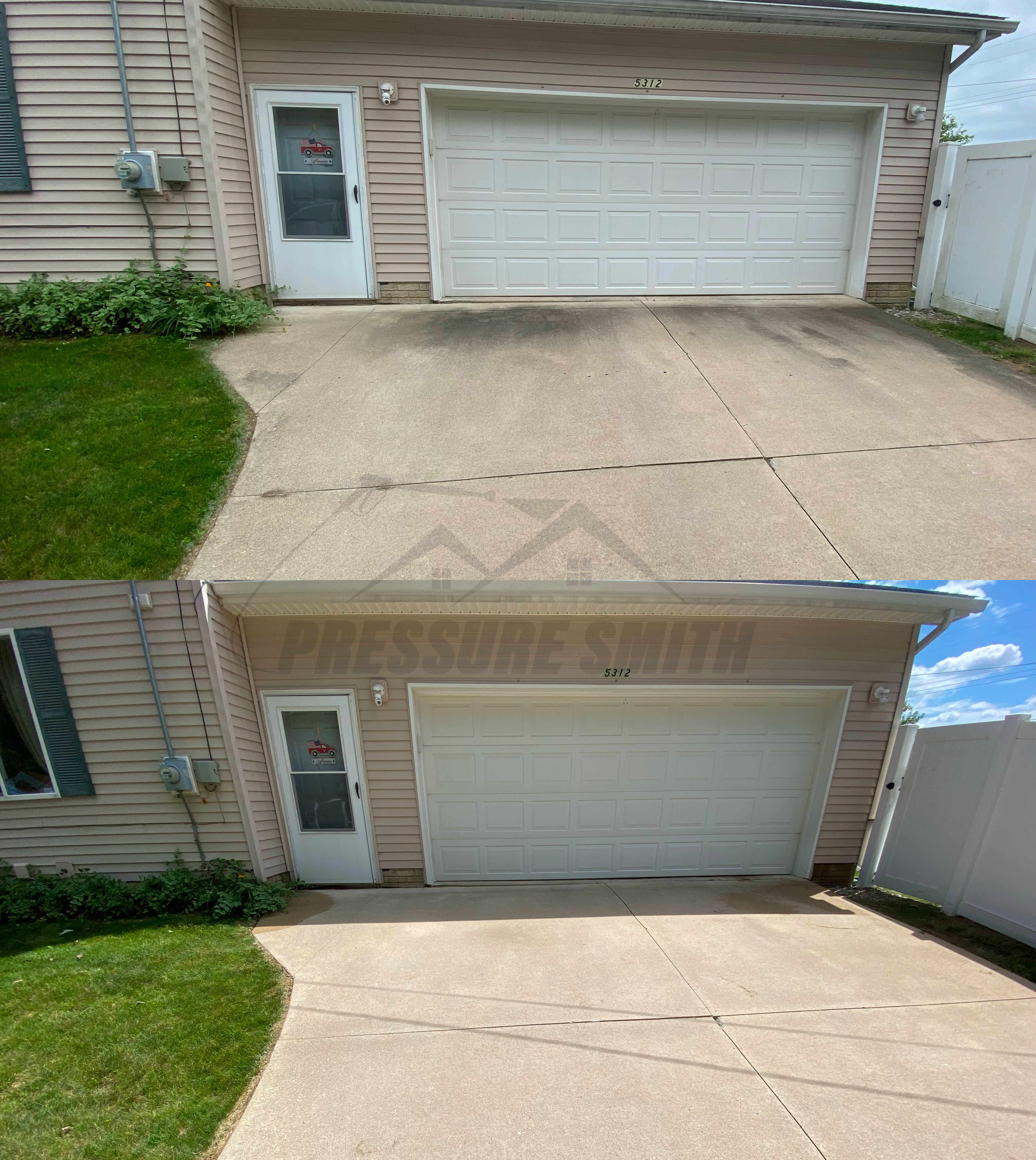 Before and after picture of driveway cleaning in Ann Arbor, MI by Pressure Smith