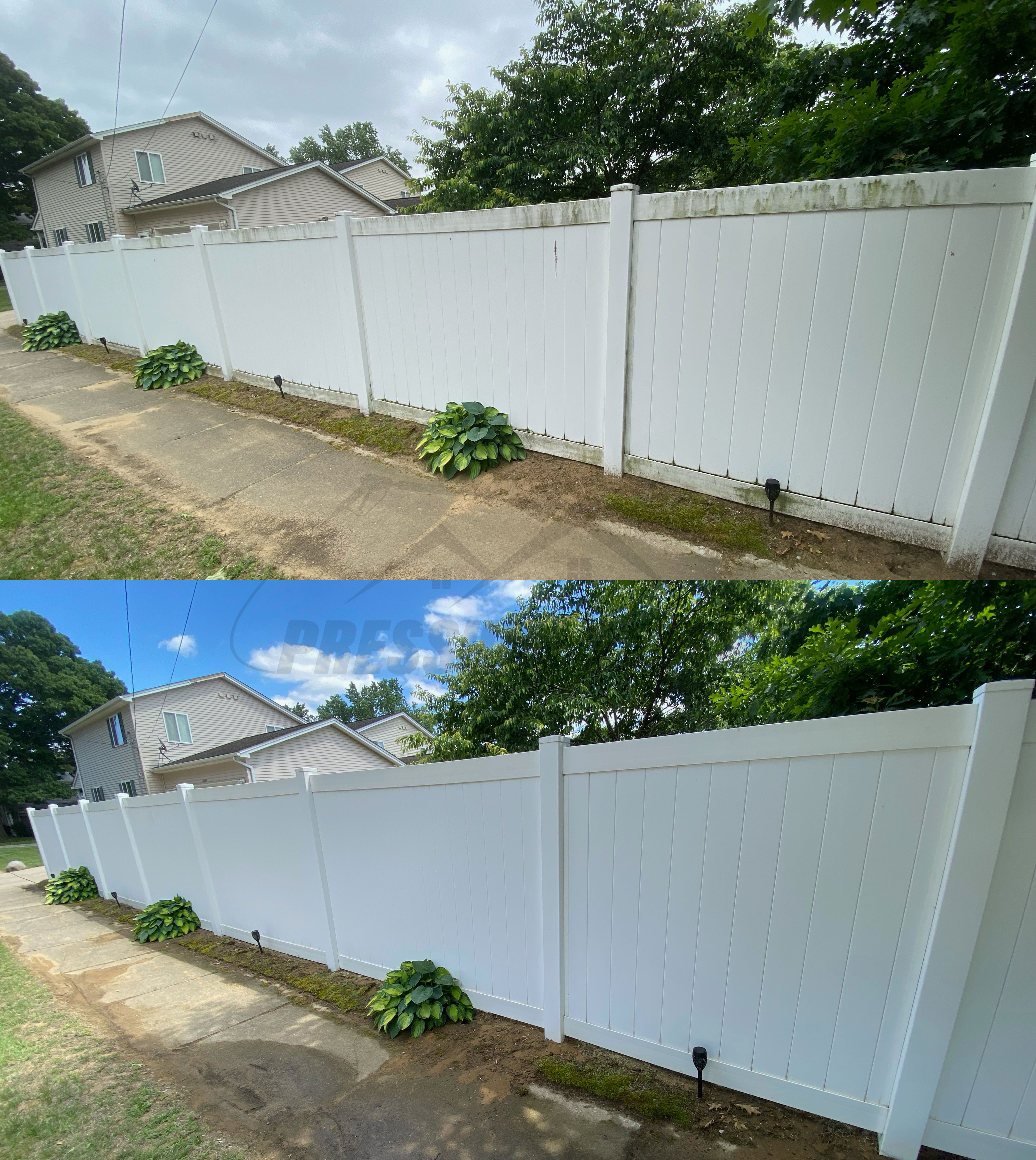 Before and after picture of fence cleaning in Belleville, MI by Pressure Smith