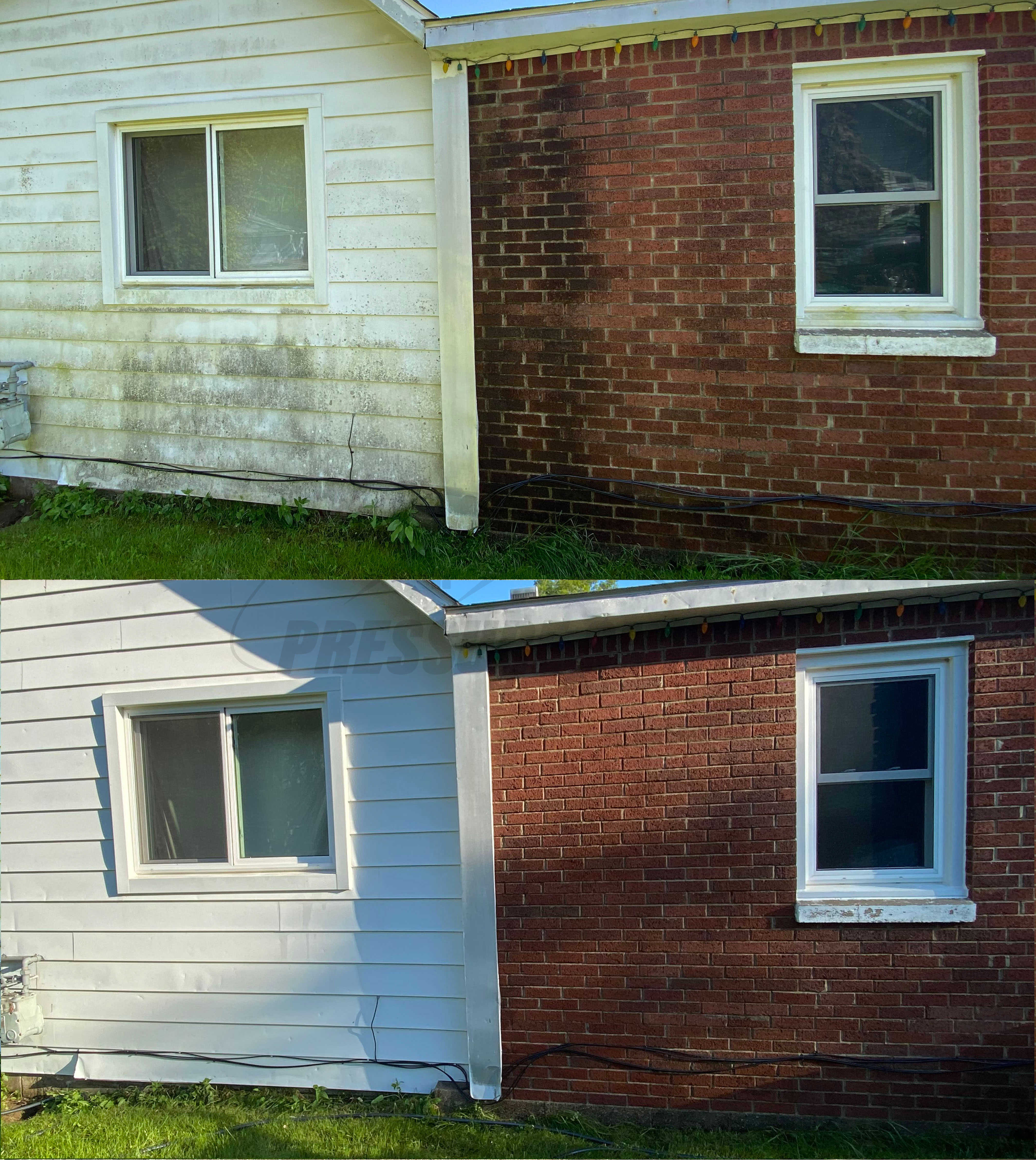 Before and after picture of house washing in Ypsilanti, MI by Pressure Smith